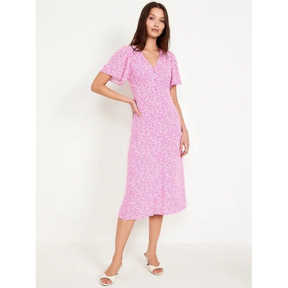 Old Navy Womens Pink Ditsy Floral Waist-Defined Midi Dress XS Flutter Sleeve